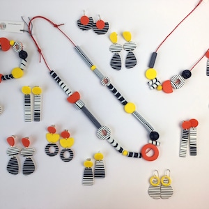 Short Breton Necklace Funky Navy Red Yellow Necklace Colourful Bead Necklace Adjustable Length Graphic Summer Jewellery Polymer Clay image 7