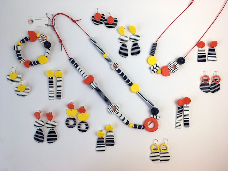 Short Breton Necklace Funky Navy Red Yellow Necklace Colourful Bead Necklace Adjustable Length Graphic Summer Jewellery Polymer Clay image 7