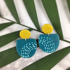 Handmade Graphic Earrings Patterned Polymer clay Earrings Teal and Mustard Dangles Funky Mustard Doodles Artisanal Jewellery image 3