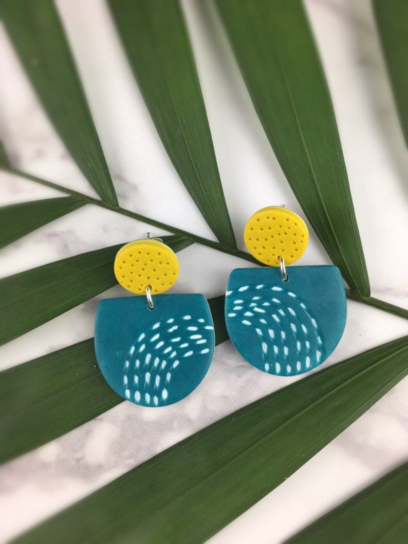 Handmade Graphic Earrings Patterned Polymer clay Earrings Teal and Mustard Dangles Funky Mustard Doodles Artisanal Jewellery image 3