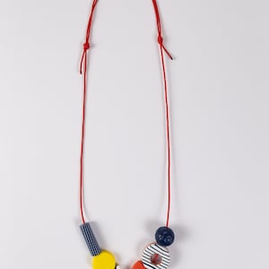 Short Breton Necklace Funky Navy Red Yellow Necklace Colourful Bead Necklace Adjustable Length Graphic Summer Jewellery Polymer Clay image 3