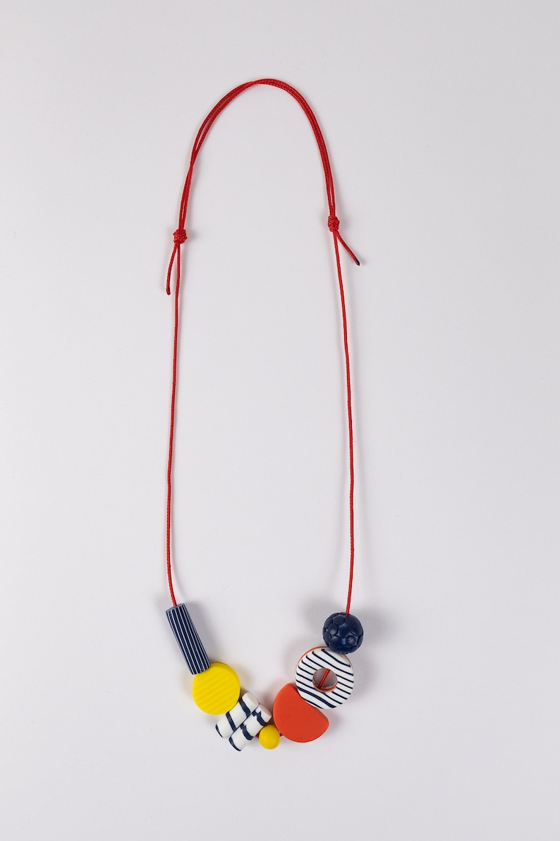 Short Breton Necklace Funky Navy Red Yellow Necklace Colourful Bead Necklace Adjustable Length Graphic Summer Jewellery Polymer Clay image 3