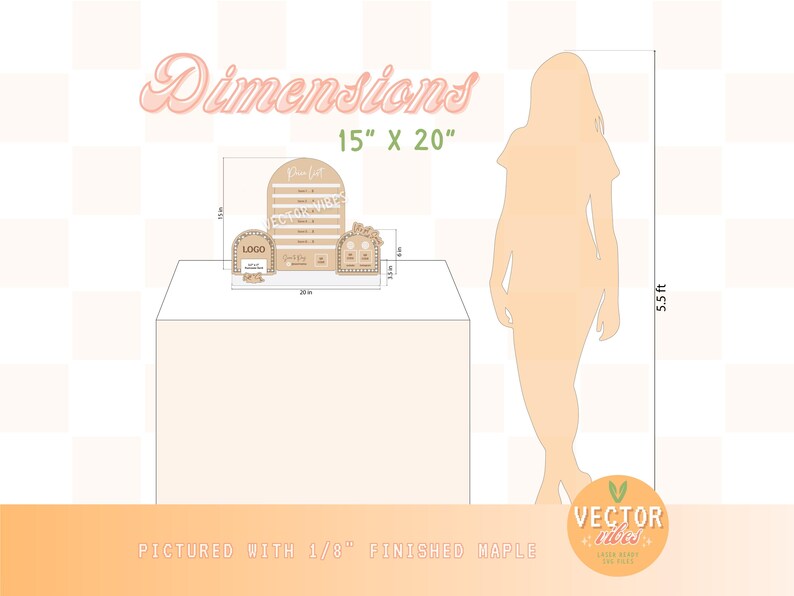 May include: A wooden earring display stand with three sections. The stand is 15 inches by 20 inches and is pictured with 1/8 inch finished maple. The stand has a section for a logo, a section for earring cards, and a section for a sign that says "Perfect".