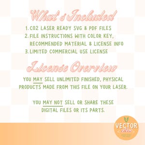 May include: Text on a pink and green background that reads "What's Included" and lists three items: 1. CO2 Laser Ready SVG & PDF Files, 2. File Instructions with Color Key, Recommended Material & License Info, 3. Limited Commercial Use License. Below the list, the text reads "License Overview" and explains that you may sell unlimited finished, physical products made from this file on your laser, but you may not sell or share these digital files or its parts.