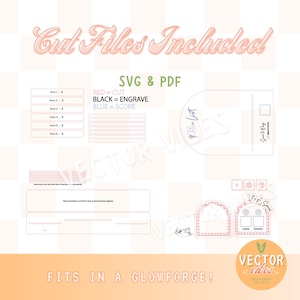 May include: A digital download of a printable "Dice List" with a pink and blue color scheme. The file is compatible with Glowforge and includes SVG and PDF formats. The text "RED = CUT, BLACK = ENGRAVE, BLUE = SCORE" is included in the image.