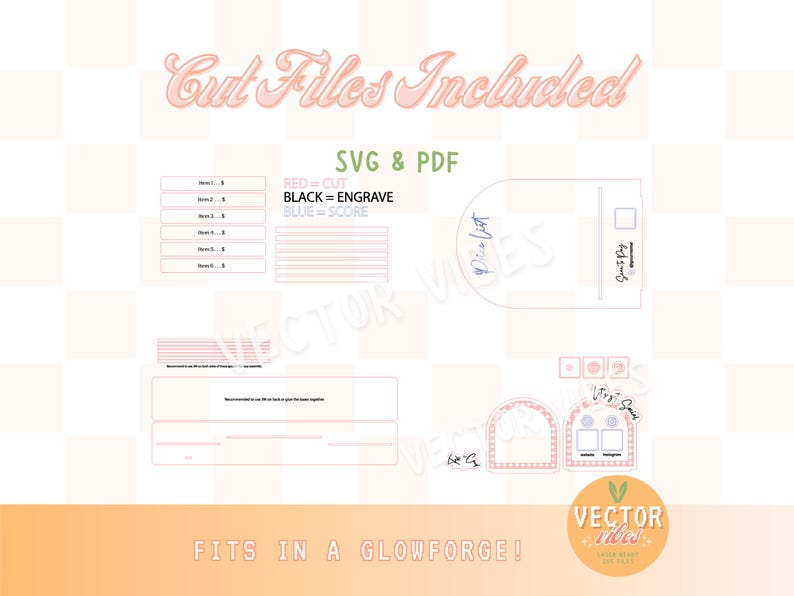 May include: A digital download of a printable "Dice List" with a pink and blue color scheme. The file is compatible with Glowforge and includes SVG and PDF formats. The text "RED = CUT, BLACK = ENGRAVE, BLUE = SCORE" is included in the image.