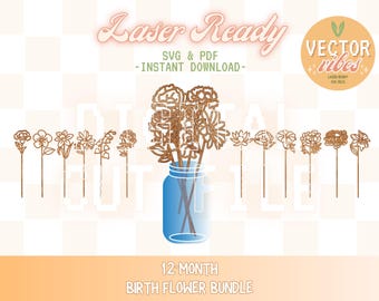 Birth Flower SVG, Birth Month Flower Laser Cut File, Glowforge Ready Flower Stem Bouquet Pick, Wooden Birthflower Bundle + Jar & Display