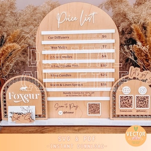 May include: A wooden price list sign with a white background and brown text. The sign lists prices for car diffusers, wax melts, candles, and room and linen sprays. The sign also includes a QR code and the text "Let's get Social".
