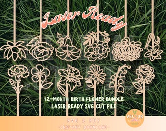Birth Flower SVG Laser Cut File, Wooden Flower Stems, Wooden Floral Bouquet Pick, Glowforge Ready Digital Download SVG, Mother's Day Gift