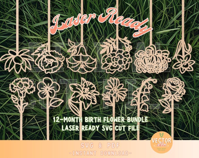 Birth Flower SVG Laser Cut File, Wooden Flower Stems, Wooden Floral Bouquet Pick, Glowforge Ready Digital Download SVG, Mother's Day Gift