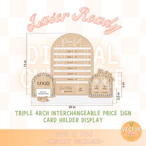 Triple Arch Preisschild Visitenkartenhalter SVG Laser Cut-Datei, Rattan Bogen Display für kleine Unternehmen im Ladengeschäft, Glowforge bereit