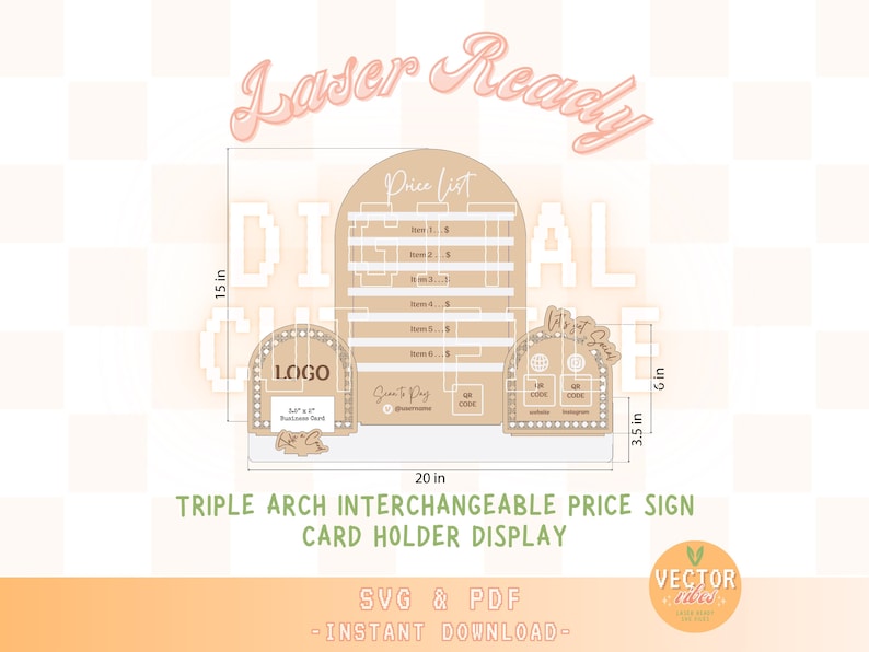 May include: Triple arch interchangeable price sign card holder display made of wood. The sign is 20 inches wide, 15 inches tall, and 3.5 inches deep. It features three arches with slots for cards, a logo area, and a "Scan & Pay" section. The sign is laser-ready and comes with SVG and PDF files for instant download.