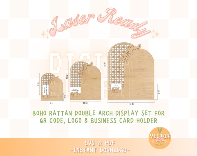 Double Arch Logo Sign QR Code Business Card Holder SVG Laser Cut File, Rattan Arch Display for Retail Store Small Business, Glowforge Ready
