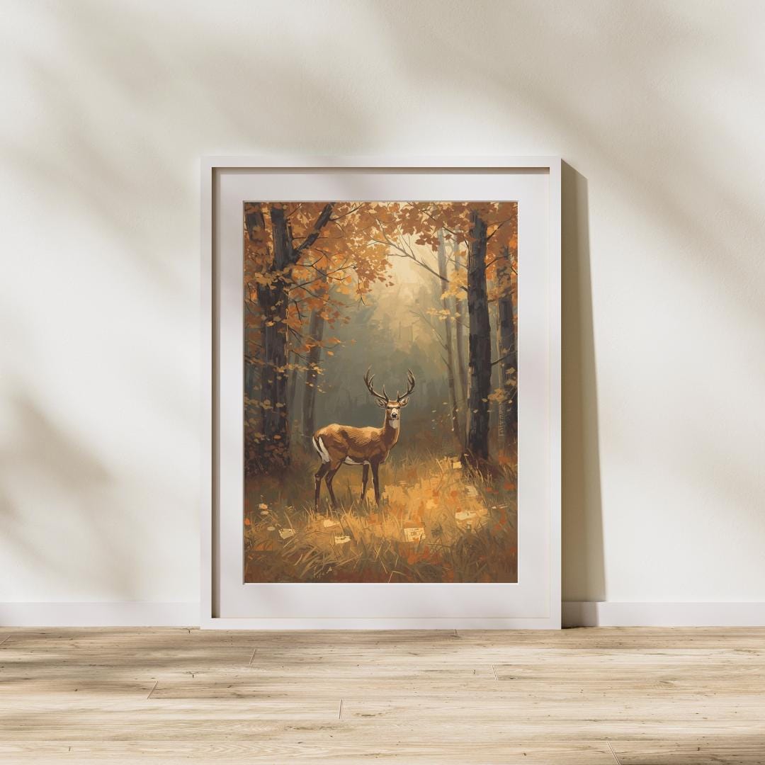 Deer Art Print – Autumn Forest Wall Art – Wildlife Poster Digital Oil ...