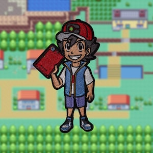 May include: A cartoon character wearing a red and black baseball cap, a blue vest, and blue shorts. The character is holding a red and black game cartridge.