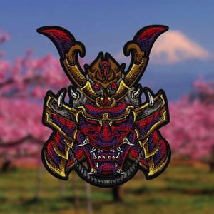 Oni Mask Patch Klettverschluss | Gestickter japanischer Dämon Samurai | Patch, Zamak, Patch, Zamak, Patch, Zamak