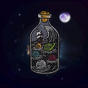Space Pirate Ship Velcro Patch – Embroidered Bottle Shaped Patch with Planets, Galaxy, Ocean Waves for Backpack, Jacket, Hat!