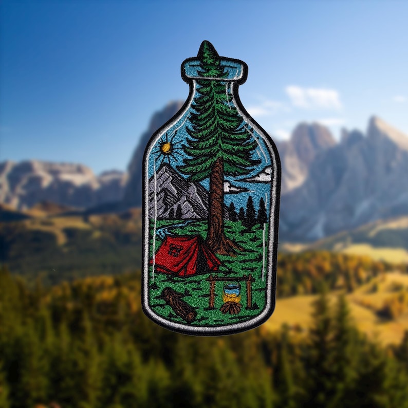 Embroidered camping patch shaped like a bottle, featuring a forest scene with a tent, campfire, tree, and mountains under a sunny sky.