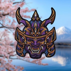 Samurai Oni Mask Patch – Embroidered Velcro Patch with Japanese Demon Warrior Helmet for Jacket, Backpack, Tactical Gear, Cosplay