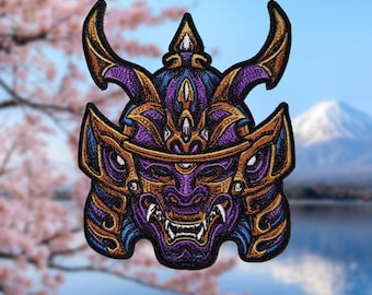 Oni Mask Patch Klettverschluss | Gestickter japanischer Dämon Samurai | Patch, Zamak, Patch, Zamak, Patch, Zamak