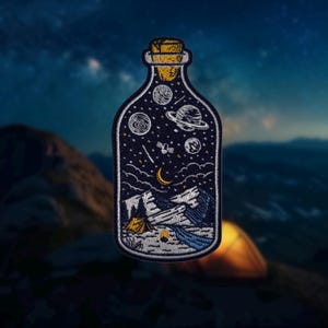 GITD Galaxy Camping Velcro Patch – Embroidered Glow in the Dark Bottle Shaped Velcro Patch with Planets, Tent, Mountains, Night Sky!