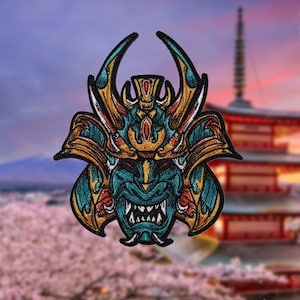 Samurai Oni Mask Patch – Embroidered Velcro Patch with Japanese Demon Warrior Helmet for Jacket, Backpack, Tactical Gear, Cosplay