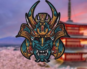 Oni Mask Patch Klettverschluss | Gestickter japanischer Dämon Samurai | Patch, Zamak, Patch, Zamak, Patch, Zamak