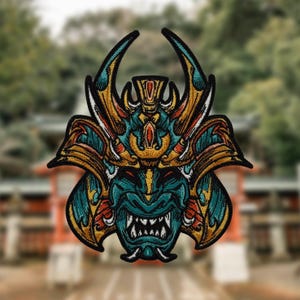 Oni Mask Patch Hook and Loop | Embroidered Japanese Demon Samurai | Tactical Morale Patch, Hook Loop Back, Anime Gear