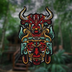 Bull Demon Totem Patch Hook and Loop | Horned Tribal Mask Embroidered Morale Patch | Aztec Devil Badge, Biker Back Patch, Demon Skull
