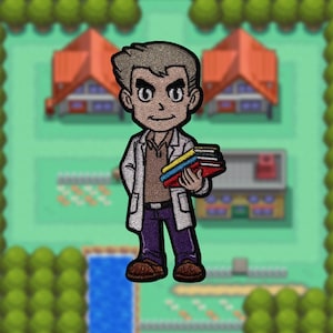 May include: A cartoon character wearing a white lab coat and holding a stack of colorful books. The character has brown hair, a light brown shirt, and purple pants. The background is a green and brown landscape with houses.
