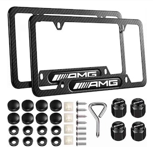 AMG Style License Plate Frame Set with Valve Stem Caps for Mercedes Benz | Matte Black Aluminum or Carbon Fiber Pattern | Slim Design