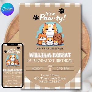 Bearbeitbare süße Katzen-Geburtstagseinladung für Kinder, Kätzchen-Thema Canva-Vorlage, sofortiger Download Digital Evite