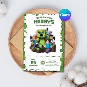 Editable Gamer Party Invitation for Boys, Pixel Block Theme Canva Template, Digital Birthday Evite, Instant Download