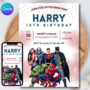 Editable Superhero Birthday Invitation, Hero Kids Party Canva Template Digital Download