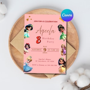 Editable Princess Birthday Invitation for Girls – Canva Template, Pink Design, Digital Download, Printable Party Invite