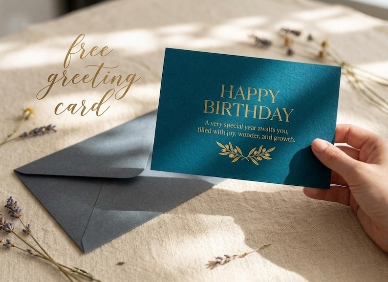 May include: A dark teal rectangular greeting card with gold foil text that reads HAPPY BIRTHDAY, A very special year awaits you, filled with joy, wonder, and growth, featuring a gold olive branch illustration and a matching dark teal envelope.