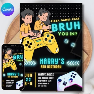Editable Gamer Party Invitation: Gaming Theme Evite, Canva Template Digital Download