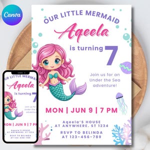 Editable Mermaid Birthday Invitation, Under the Sea Party Canva Template Digital Download
