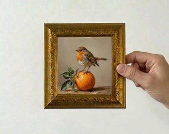 Robin Standing on Orange Oil Painting, Small Framed Canvas, Original Hand Painted Wall Art