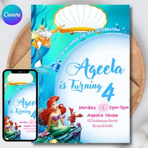 Editable Mermaid Birthday Invitation, Under the Sea Party, Canva Template Digital Download