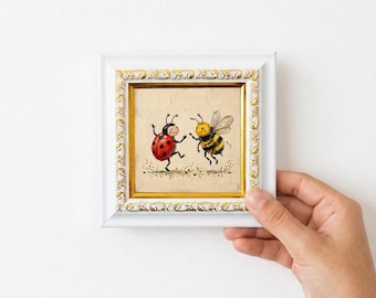 Ladybug and Bee Dancing Oil Painting, Mini Framed Canvas Art