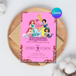 Editable Girl Birthday Invitation, Princess Theme with Pink Design, Canva Template, Instant Download Digital File, Printable Party Invite