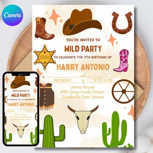 Editable Cowboy Birthday Invitation, Wild West Party, Canva Template Digital Download