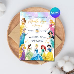 Editable Birthday Invitation for Girls, Princess Party Theme with Rainbow, Canva Template, Printable Invite, Instant Download File