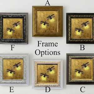 May include: Six square framed art prints labeled A through F, each featuring two fireflies with glowing yellow abdomens against a textured gold background. The frames vary in color, including metallic gold, black, white, and distressed grey finishes.