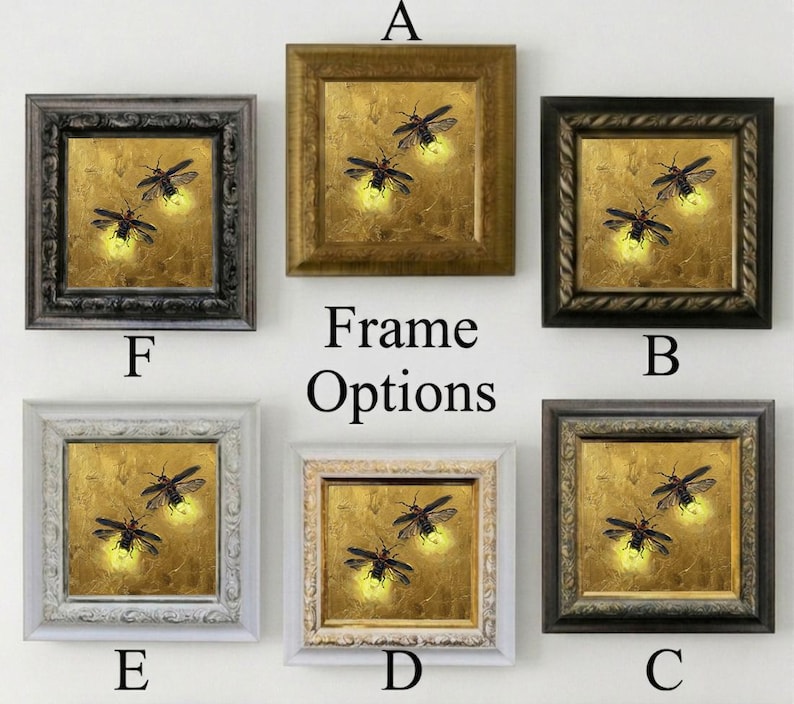 May include: Six square framed art prints labeled A through F, each featuring two fireflies with glowing yellow abdomens against a textured gold background. The frames vary in color, including metallic gold, black, white, and distressed grey finishes.