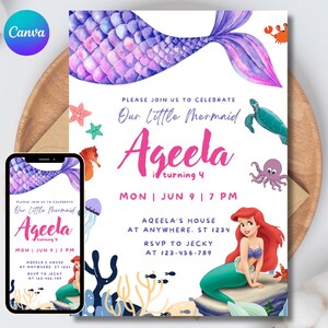 Editable Mermaid Birthday Invitation, Under the Sea Party Canva Template Digital Download