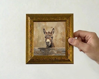 Peeking Donkey Oil Painting, Miniature Framed Canvas, Original Hand Painted Wall Art