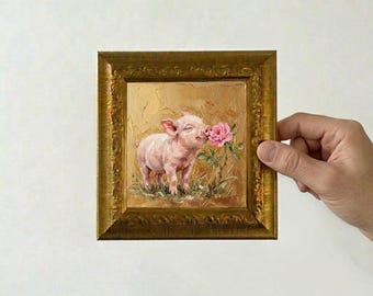 Pig Smelling a Flower Oil Painting, Miniature Framed Canvas Art