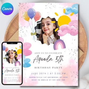 Editable Photo Birthday Invitation, Custom Kids Party Canva Template Digital Download